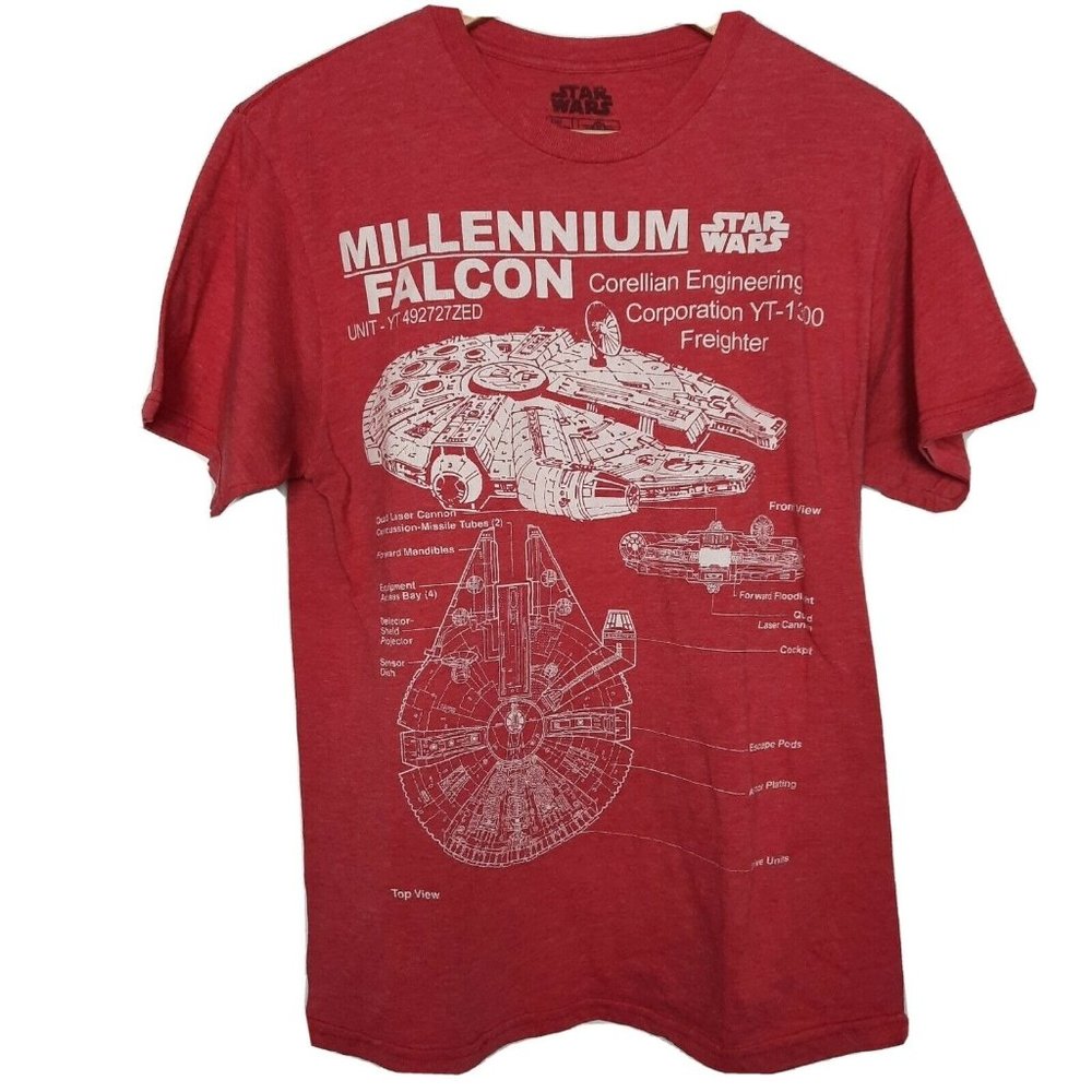 Mellennium Falcon red tagless t-shirt, Stars Wars Medium